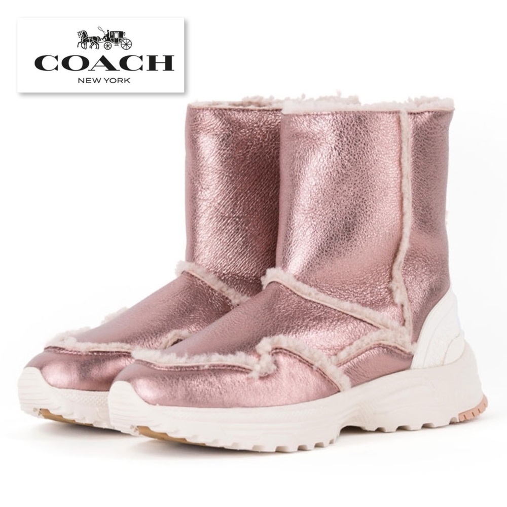 NEW Coach Portia Cold Weather Bootie Pink Metallic Rose Gold Shearling Boot 5